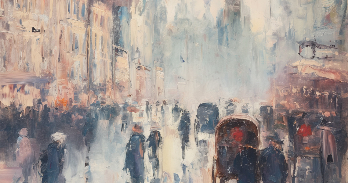 Oil on canvas painting of an active cityscape