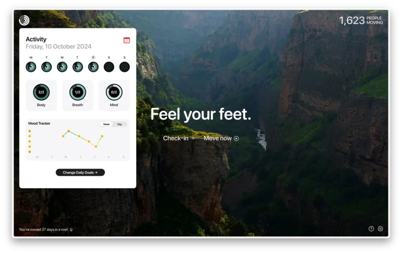 Micromove website with activity tracking over a mountain landscape