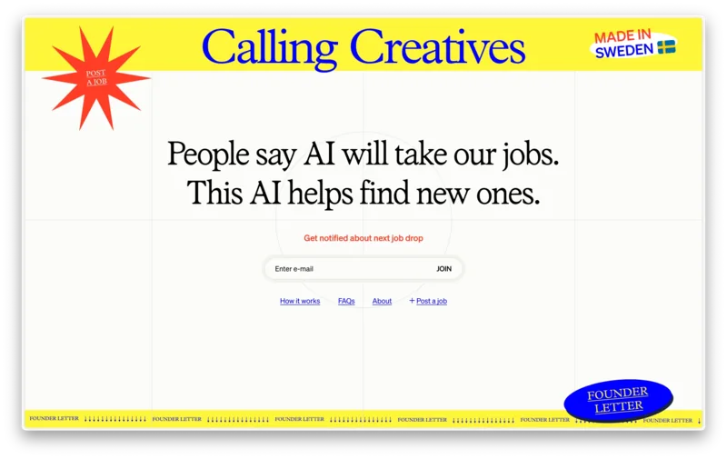 Calling Creatives job website with a yellow masthead and editorial headline