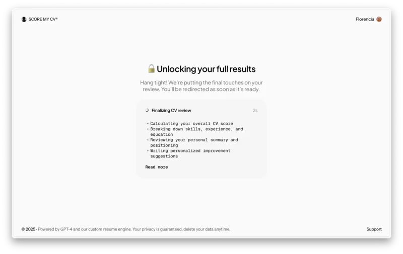 Score My CV review interface showing a results processing screen