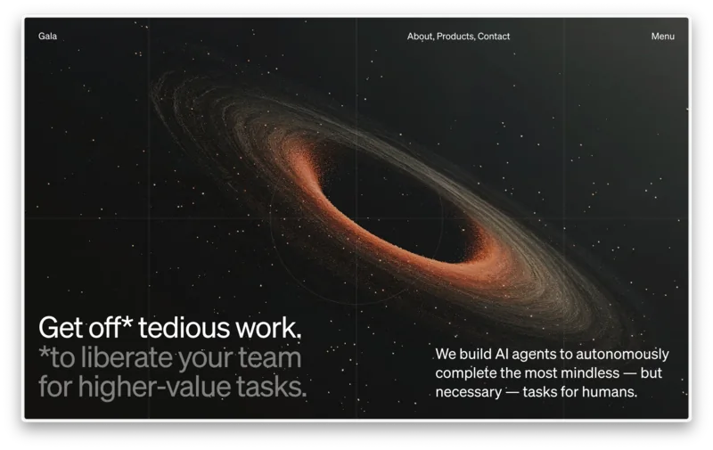 Gala website featuring an abstract orbital visual on a dark background