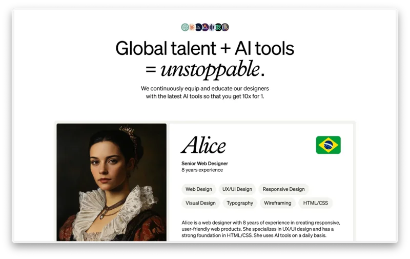 Global Talent page showing a designer profile and AI tools headline