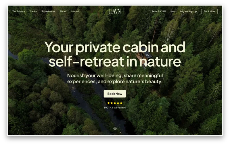 Havn cabin retreat website shown over an aerial forest photograph