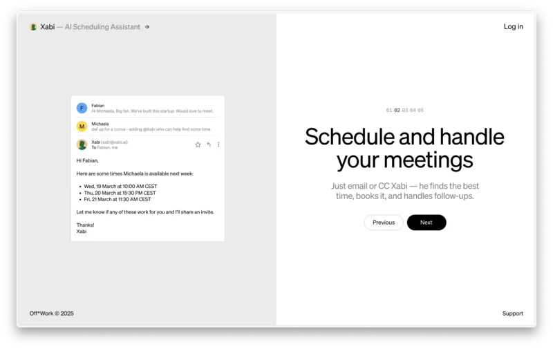 Xabi scheduling assistant overview with an example meeting email