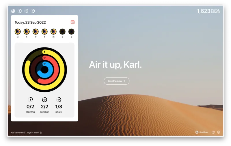 Micromove activity dashboard over a desert landscape