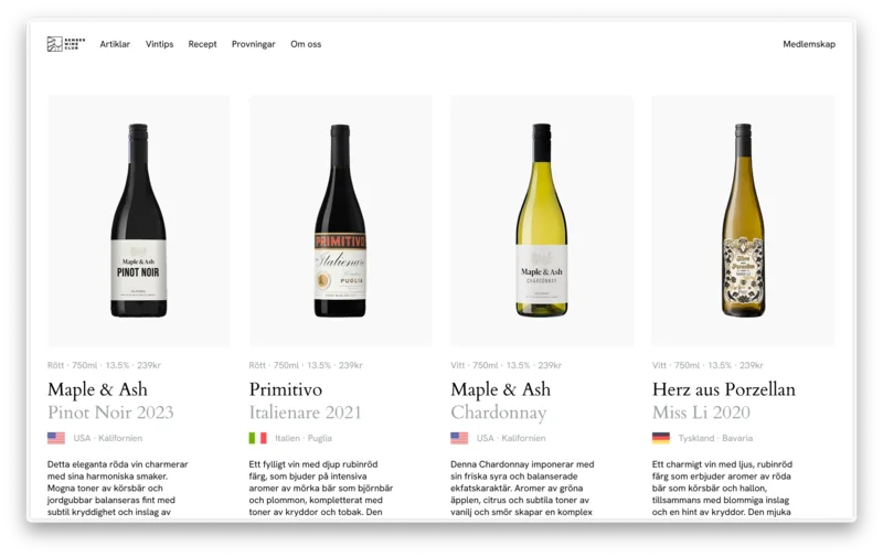 Senses Wineclub wine listing with four bottle images and descriptions