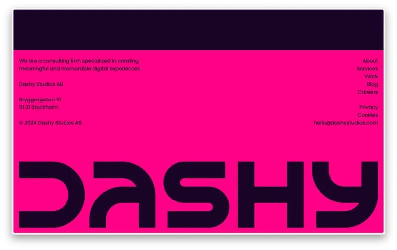 Dashy Studios footer in vivid pink with an oversized wordmark