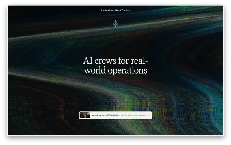 Alameda Industries website with a dark abstract background and AI operations headline