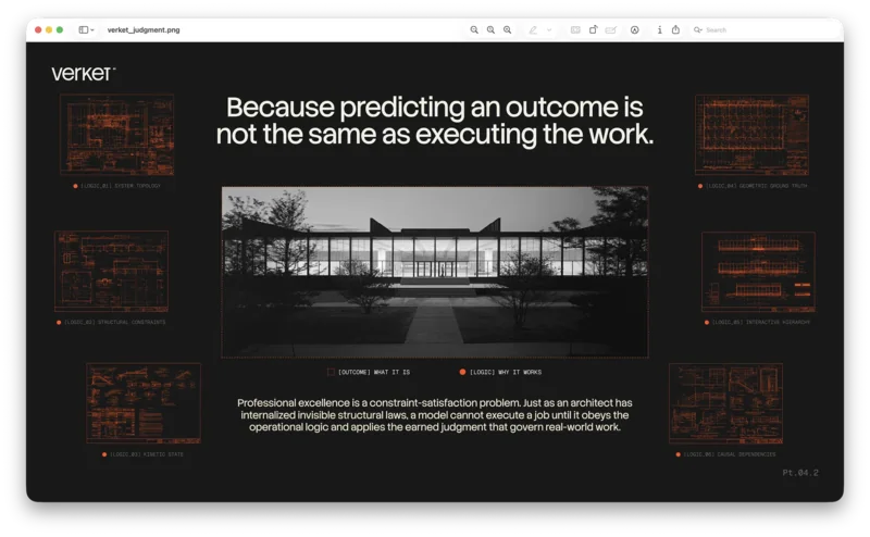 Verket presentation about judgment with an architectural image and diagrams