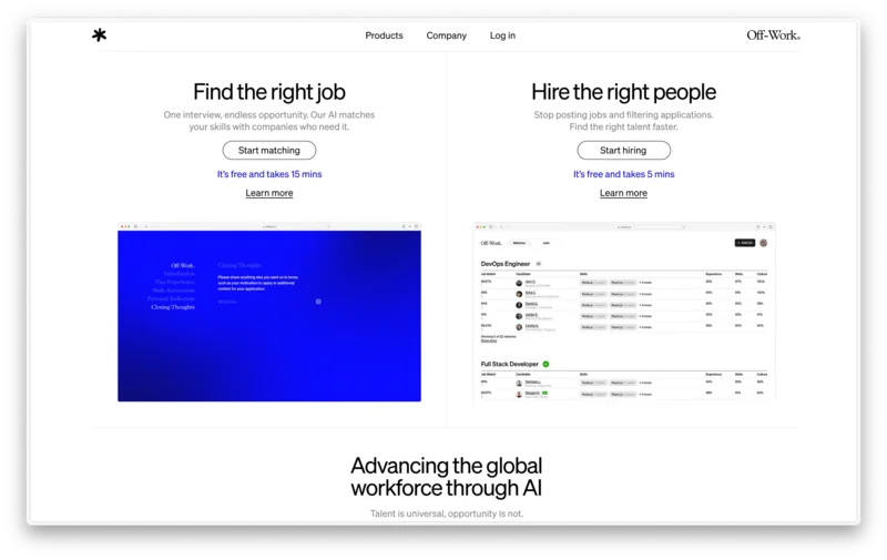 Job Marketplace website with job seeker and hiring views side by side