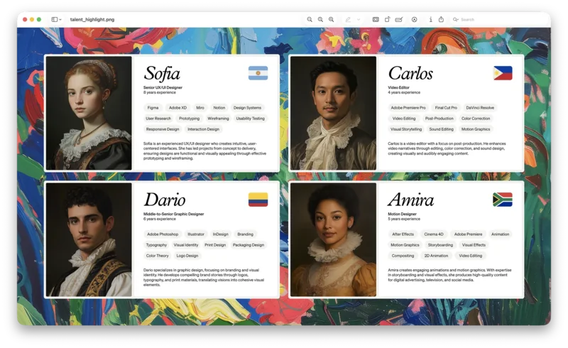 Talent Highlight presentation with four creative professional profiles