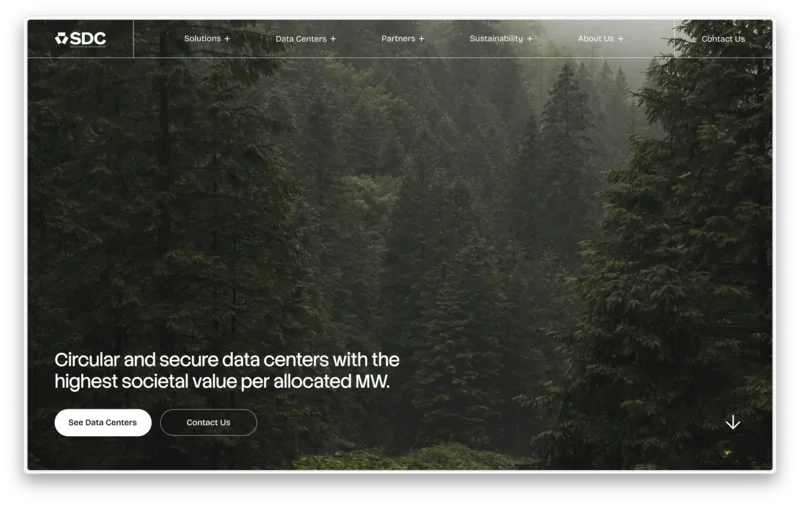 Scandinavian Data Centers website hero with a forest photograph