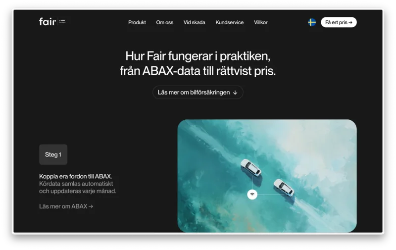Fair Insurance how-it-works page with two cars on a turquoise road