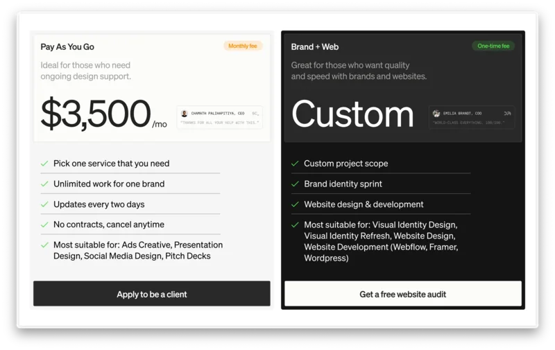 Two contrasting design service pricing blocks side by side
