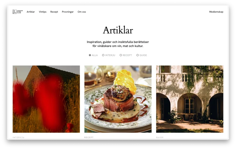 Senses Wineclub articles page with wine, food, and travel photography