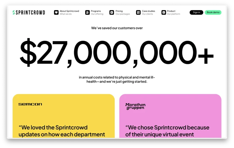 Sprintcrowd website showing customer savings and testimonials