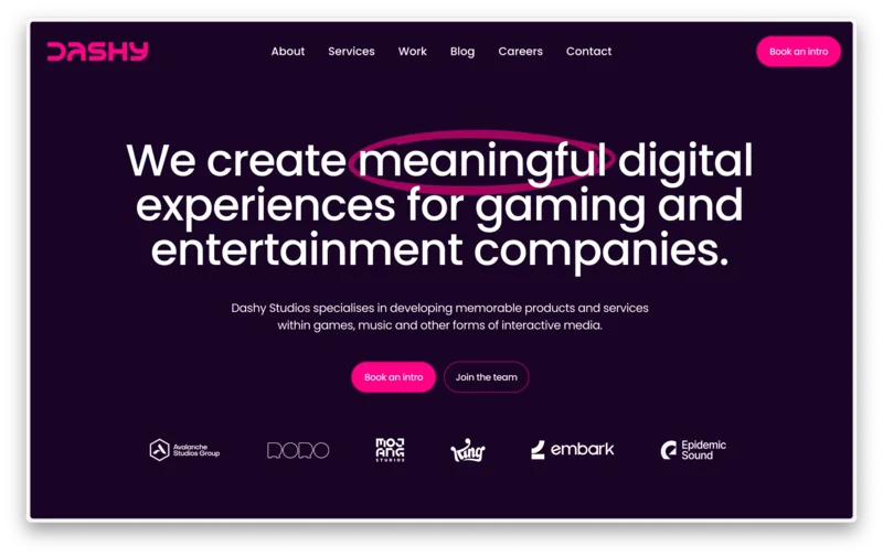 Dashy Studios website hero with a large headline on a dark purple background