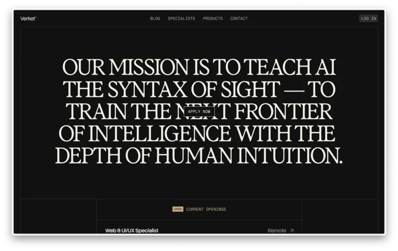 Verket mission page with a large editorial statement on a dark background