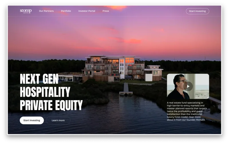 Stomp Capital website with a waterfront resort beneath a pink sky