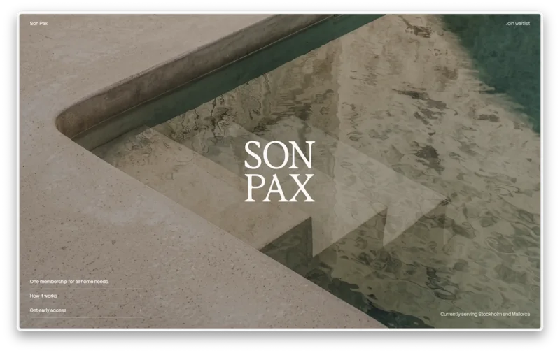 Son Pax website hero over a stone-edged pool