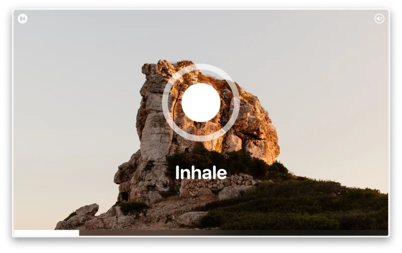 Micromove breathing exercise showing Inhale over a sunlit rock formation